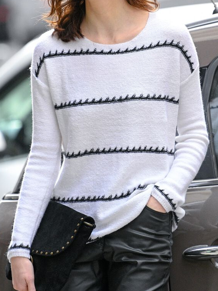 

Crew Neck Casual Striped Yarn/Wool Yarn Sweater, White, Sweaters & Cardigans