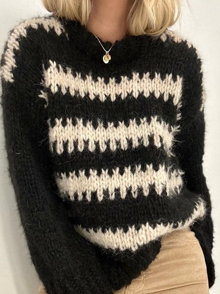 

Crew Neck Casual Wool/Knitting Sweater, Black-white, Sweaters