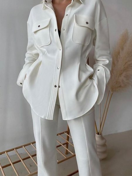 

Simple Regular Fit Shirt Collar Plain Jacket, White, Jackets