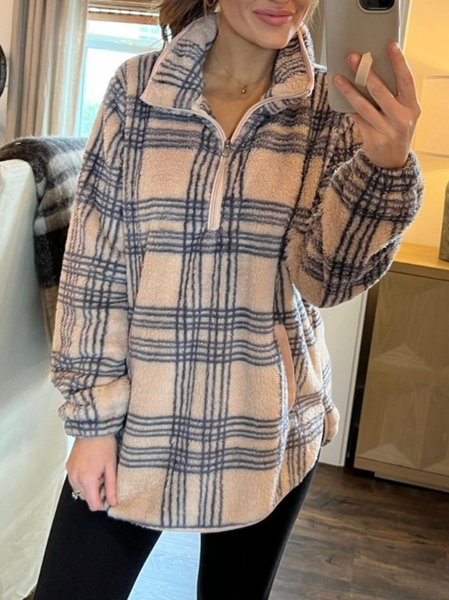 

Plaid Regular Fit Half Open Collar Casual Top, Light brown, Tops