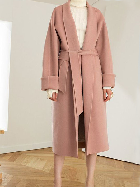

Loose Urban Shawl Collar Long sleeve Mid-long Overcoat, Pink, Coats