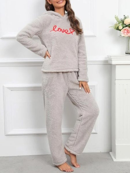 

Hoodie Plain Fluff/Granular Fleece Fabric Casual Two-Piece Set, Gray, Suit Set