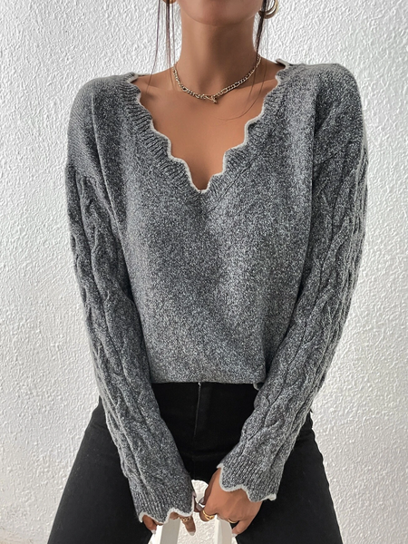 

Casual Scallop Trim Cable Knit Drop Shoulder Sweater, Gray, Sweaters