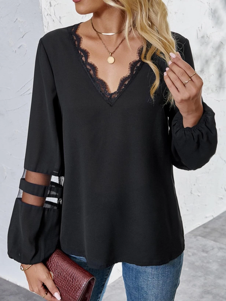 

Casual Contrast Lace Bishop Sleeve Blouse, Black, Tops