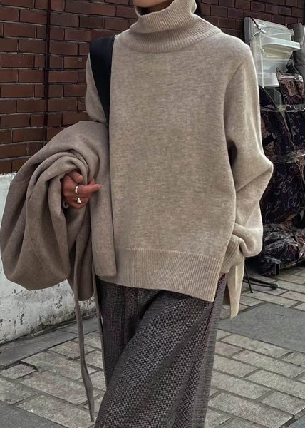 

Plain Turtleneck Casual Regular Fit Sweater, Light coffee, Tops