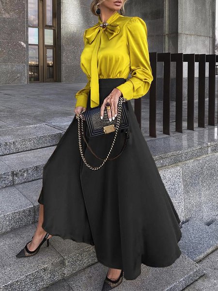 

Color Block Regular Fit Elegant Long Sleeve Maxi Party Dress, Black-yellow, Maxi Dresses