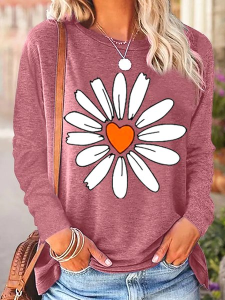 Women's Flower Heart Print Casual Letters Top, Rose red, Long sleeves