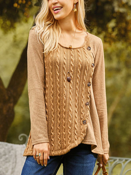 

Plain Casual Crew Neck Loose Top, Yellow brown, Tunics