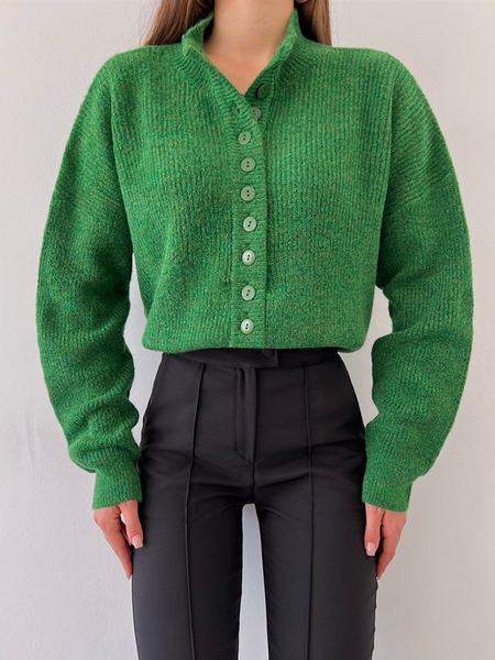 

Loose Urban Plain Stand Collar Long sleeve Sweater Coat, Green, Cardigans