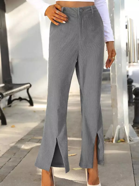 

Plain Corduroy Casual Regular Fit Casual Pants, Gray, Bottoms