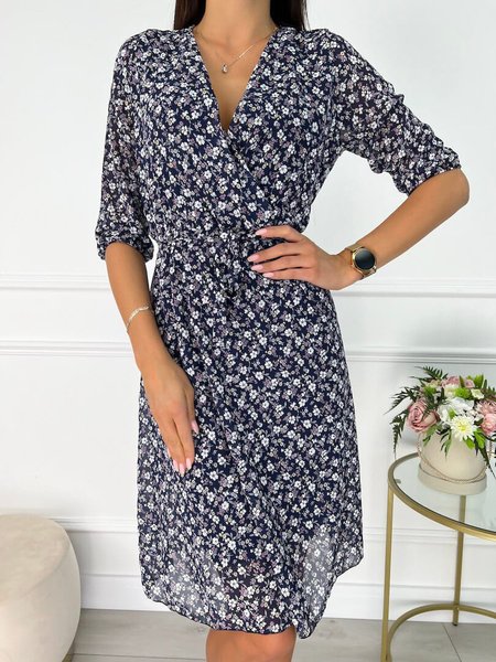 

V Neck Regular Fit Casual Floral Dress, Blue, Midi Dresses