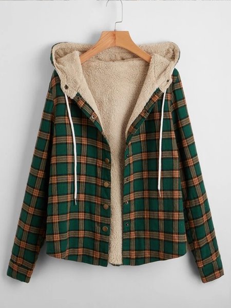 

Loose Plaid Casual Fluff/Granular Fleece Fabric Teddy Jacket, Green, Coats