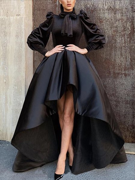 

Elegant Satin Stand Collar Regular Fit Long sleeve Party Dress, Black, Maxi Dresses