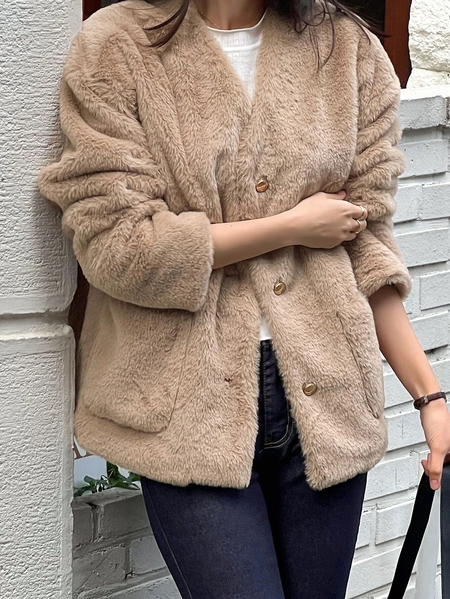 

Fluff/Granular Fleece Fabric V Neck Casual Teddy Jacket, Light coffee, Coats