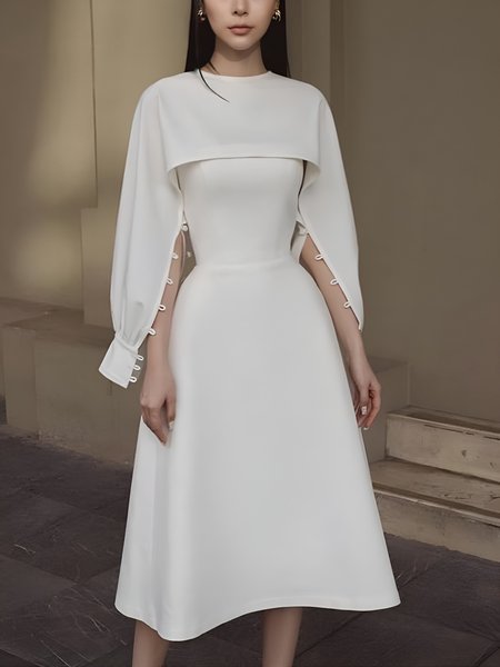 

Regular Fit Crew Neck Plain Long sleeve No Elasticity Polyester Elegant Dress, White, Midi Dresses