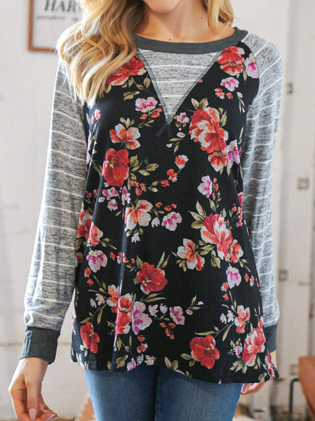 

Regular Fit Casual Floral Crew Neck Top, Gray, Tops