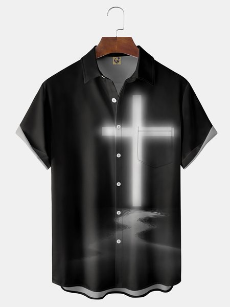 

Easter Crucifix Chest Pocket Short Sleeve Shirt, Black, Men Shirts