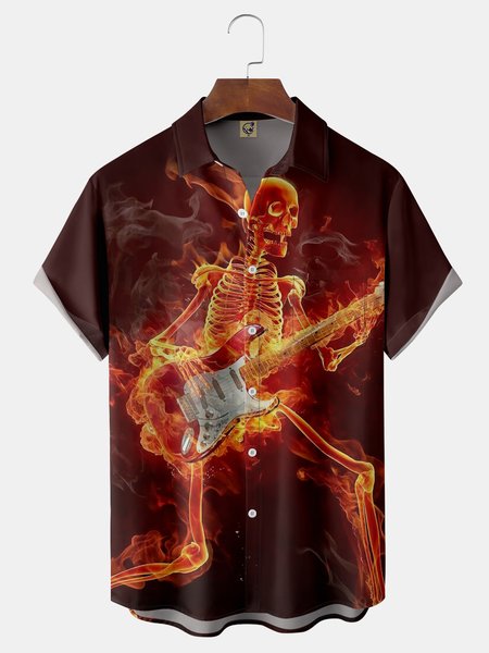 

Skull Guitar Chest Pocket Short Sleeve Shirt, Red, Short Sleeve Shirts