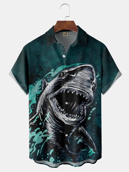 Sea Animals Chest Pocket Short Sleeve Hawaiian Shirt, Blue, Short Sleeve Shirts