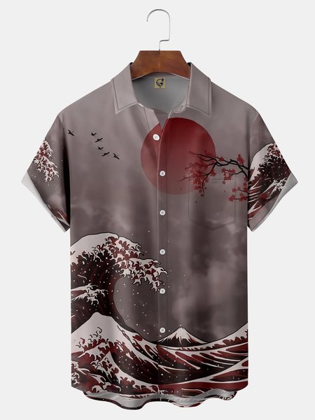 

Ukiyo-e Plum Blossom Chest Pocket Short Sleeve Shirt, Red, Short Sleeve Shirts