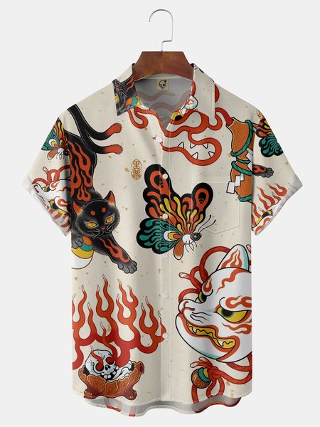 

Animal Stickers Chesst Pocket Short Sleeve Shirt, Khaki, Short Sleeve Shirts