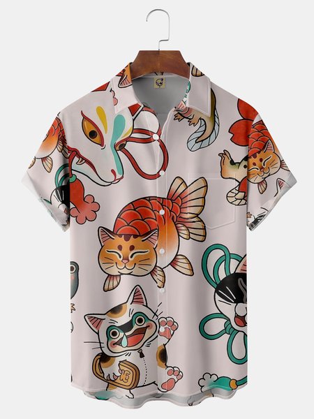 

Japanese Cats Chest Pocket Short Sleeve Shirt, Red, Short Sleeve Shirts