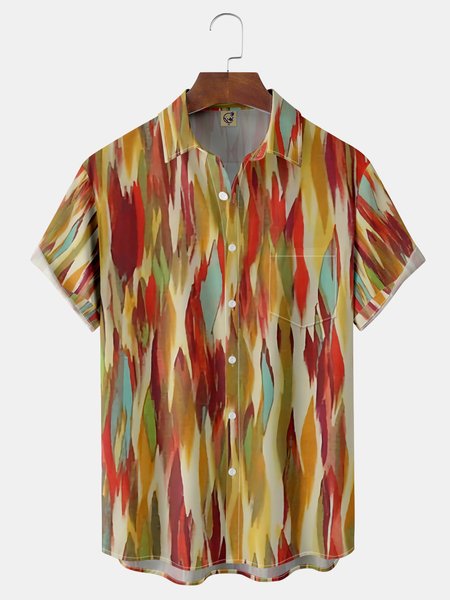 

Geometric Chest Pocket Short Sleeve Casual Shirt, Yellow, Men Shirts