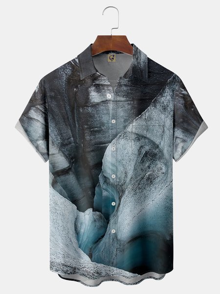 

Landscape Chest Pocket Short Sleeve Casual Shirt, Blue, Men Shirts
