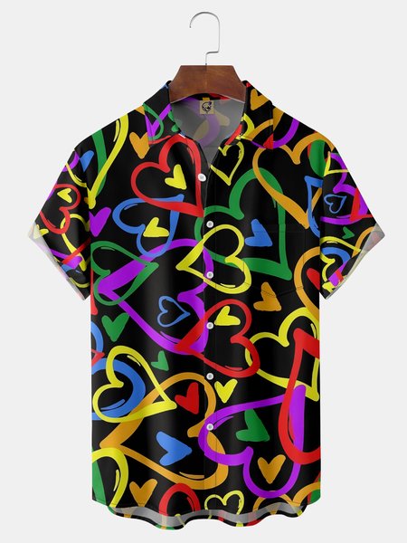 

St Valentine‘s Day Hearts Chest Pocket Short Sleeve Shirt, Black, Men Shirts