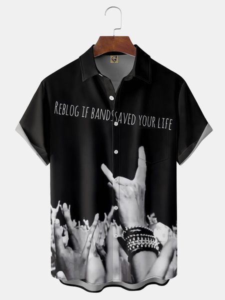 

Rock n Roll Music Chest Pocket Short Sleeve Casual Shirt, Black, Men Shirts