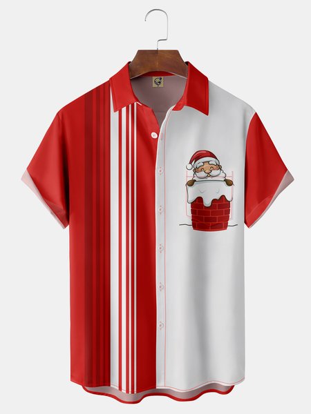 

Christmas Santa Claus Chest Pocket Short Sleeve Bowling Shirt, Red, Men Shirts