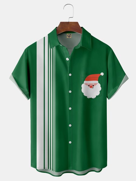 

Christmas Santa Claus Chest Pocket Short Sleeve Bowling Shirt, Green, Men Shirts