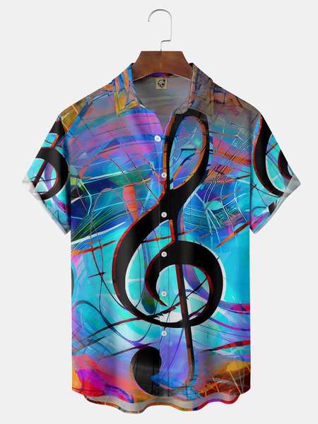 

Art Music Note Chest Pocket Short Sleeve Casual Shirt, Blue, Men Shirts