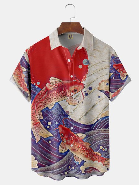 

Japanese Koi Chest Pocket Short Sleeve Hawaiian Shirt, Red, Short Sleeve Shirts