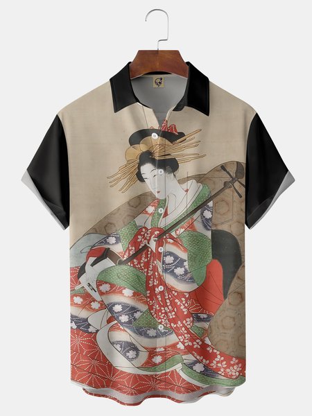 

Japanese Beauty Chest Pocket Short Sleeve Hawaiian Shirt, Khaki, Men Shirts