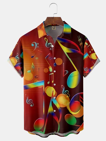 

Music Notes Chest Pocket Short Sleeve Resort Shirt, Red, Men Shirts