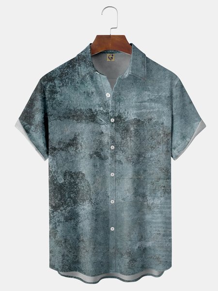 

Art Painting Chest Pocket Short Sleeve Casual Shirt, Blue, Men Shirts