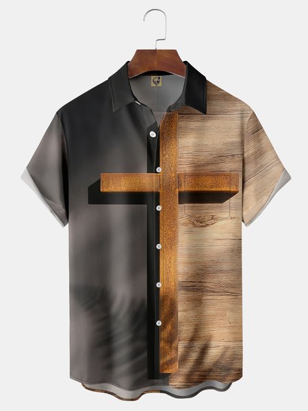 

Easter Crucifix Chest Pocket Short Sleeve Shirt, Gray, Men Shirts