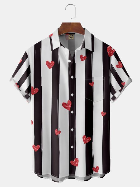 

St Valentine‘s Day Heart Chest Pocket Short Sleeve Shirt, White, Men Shirts