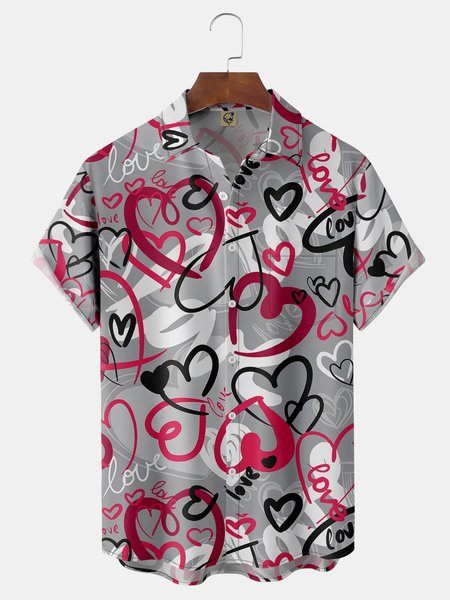 

St Valentine‘s Day Hearts Chest Pocket Short Sleeve Shirt, Gray, Men Shirts