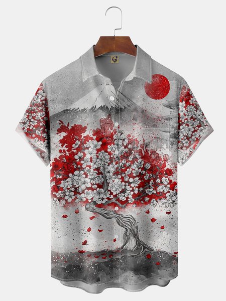 

Mount Fuji Scenery Chest Pocket Short Sleeve Shirt, White-gray, Short Sleeve Shirts