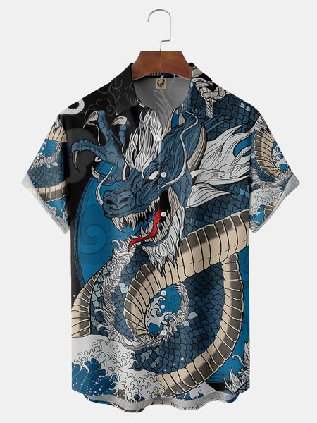 

Ukiyo-e Dragon Chest Pocket Short Sleeve Hawaiian Shirt, Blue, Men Shirts