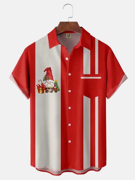 

Christmas Gnomes Chest Pocket Short Sleeve Bowling Shirt, Red, Men Shirts