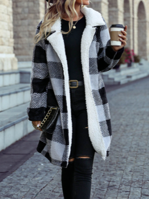 

Lapel Collar Casual Plaid Loose Teddy Jacket, Multicolor, Outerwear