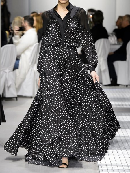 

Stand Collar Regular Fit Polka Dots Elegant Long Sleeve Maxi Dress, Black-white, Maxi Dresses