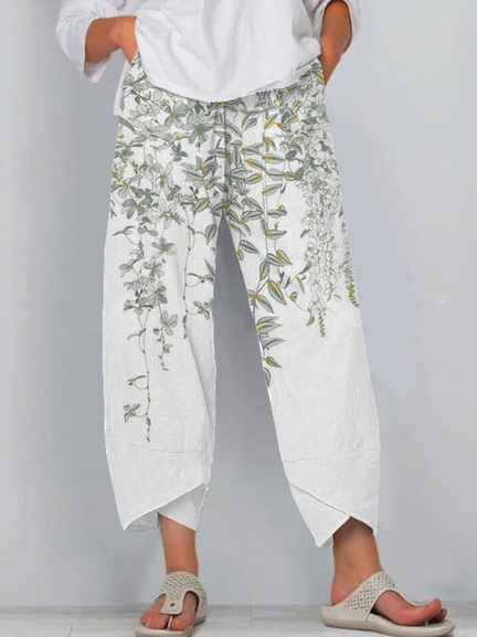 Casual Cotton And Linen Floral Casual Pants, White, Pants