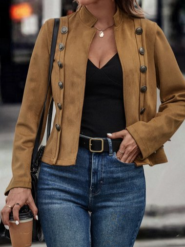 

Suede Casual Stand Collar Plain Jacket, Khaki, Jackets