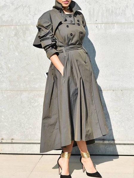 

Loose Stand Collar Long sleeve Urban Plain Long Trench Coat, Gray, Coats
