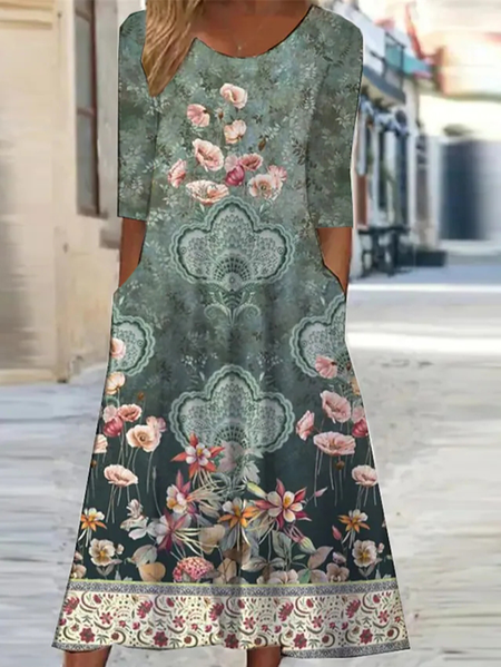 

Casual Loose Crew Neck Floral Dress, Green, Dresses