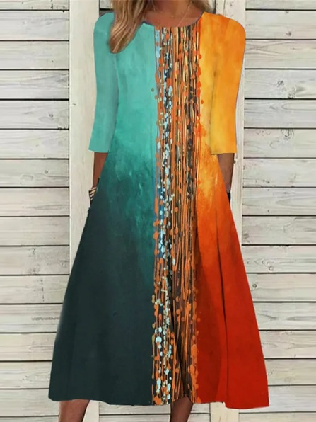 

Loose Casual Geometric Crew Neck Dress, Multicolor, Dresses